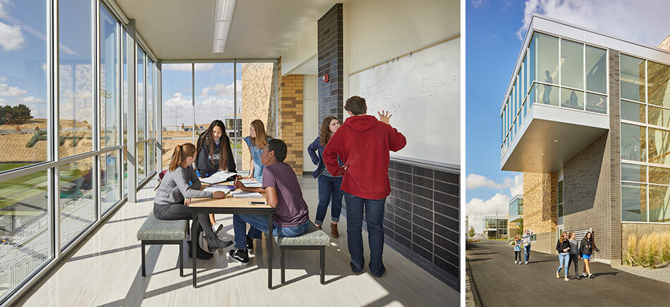 Pullman High School, Pullman, Washington, flexible learning space overlooking fields space and hallway study space, link to project page